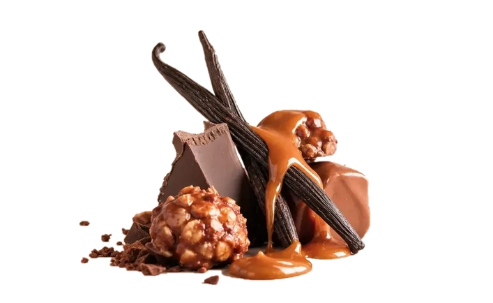 Gousses de vanille, morceaux de chocolat et caramel sur fond blanc